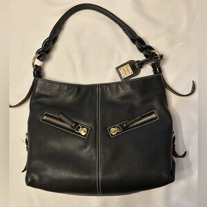Dooney & Bourke Black Leather Shoulder Bag with Gold Accents